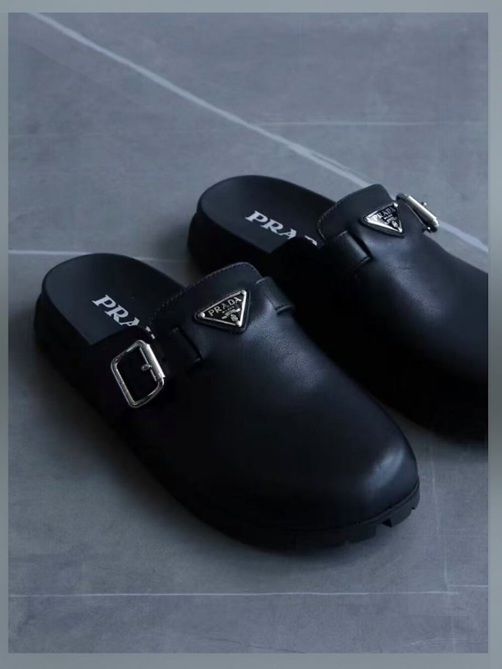 Prada Black Leather Buckle Strap Clog Mule Slides